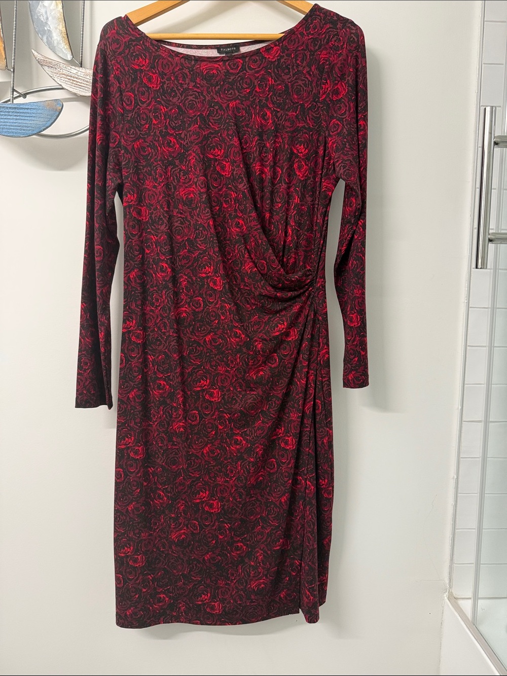 Talbots Red & Black Long Sleeve Draped-Waist Floral Dress